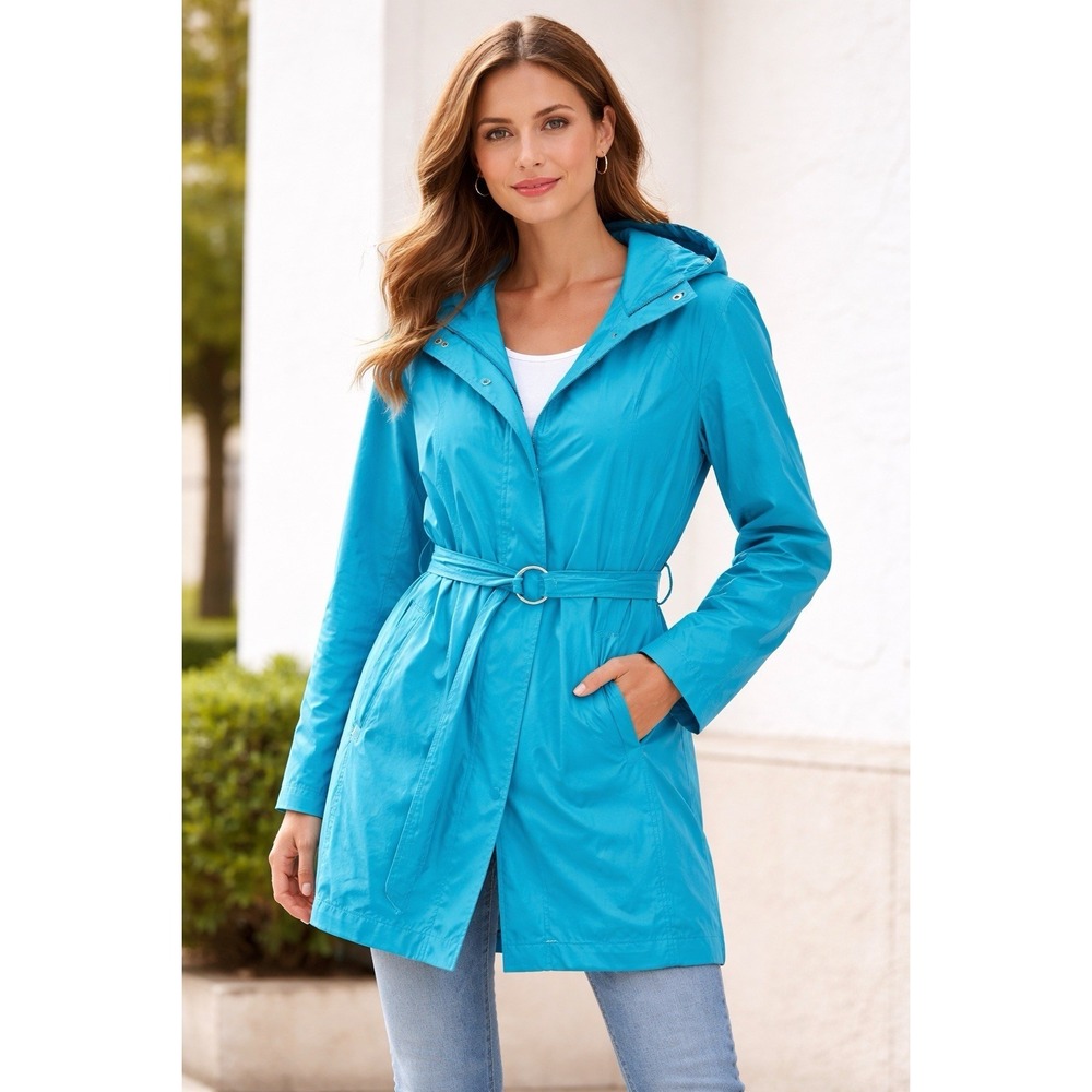 Escada Sport Turquoise Blue Hooded Belted Raincoat Jacket Mid Length Women L Y2K